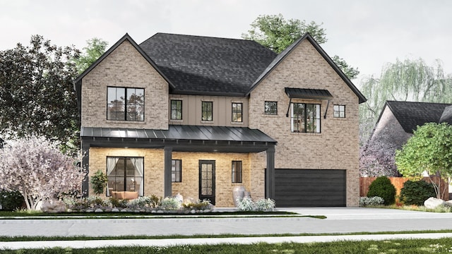 view of front of home featuring a standing seam roof, board and batten siding, an attached garage, metal roof, and brick siding