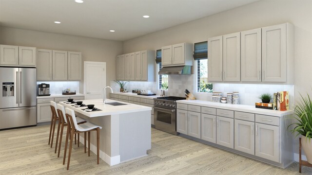 kitchen featuring backsplash, under cabinet range hood, premium appliances, light wood-style flooring, and a sink