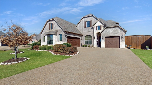 french provincial home with brick siding, a shingled roof, a front lawn, fence, and driveway