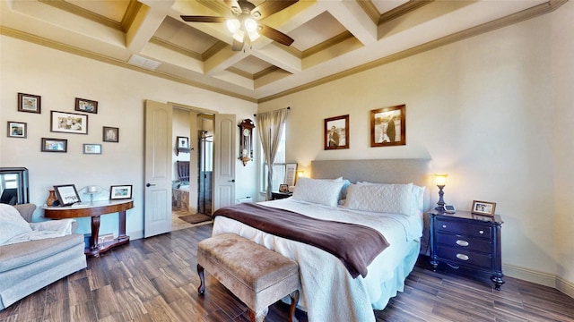 bedroom with visible vents, beamed ceiling, coffered ceiling, and wood finished floors