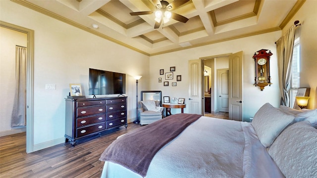 bedroom featuring beam ceiling, ornamental molding, coffered ceiling, dark wood-style floors, and baseboards