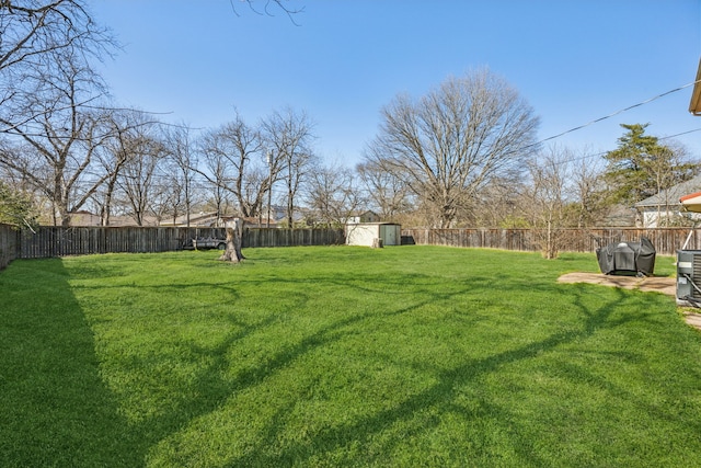 view of yard featuring a fenced backyard, a storage shed, and an outdoor structure