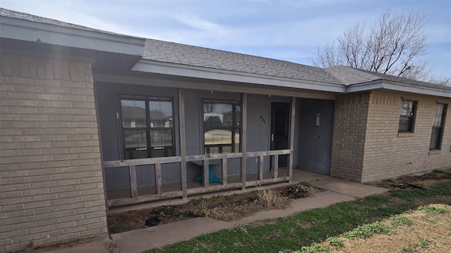 doorway to property featuring covered porch, brick siding, and a shingled roof