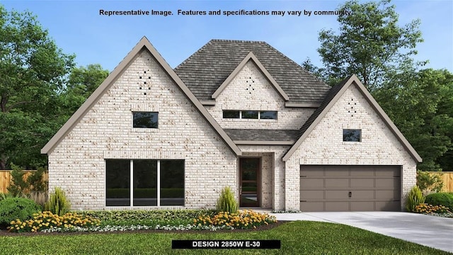 view of front of home with concrete driveway, a garage, brick siding, and roof with shingles