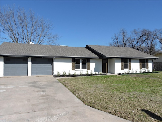 ranch-style house with a shingled roof, a front lawn, concrete driveway, stucco siding, and a garage