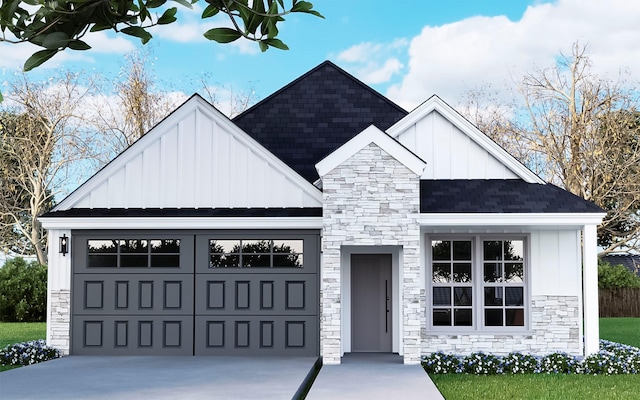 modern inspired farmhouse with stone siding, board and batten siding, and driveway