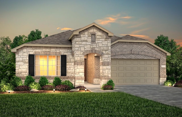 view of front of home featuring stone siding, an attached garage, driveway, and roof with shingles