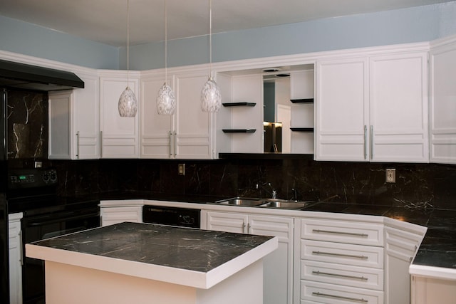 kitchen with a sink, open shelves, dark countertops, black range with electric cooktop, and dishwashing machine