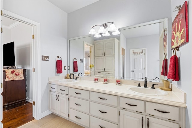 bathroom with double vanity, wood finished floors, baseboards, and a sink