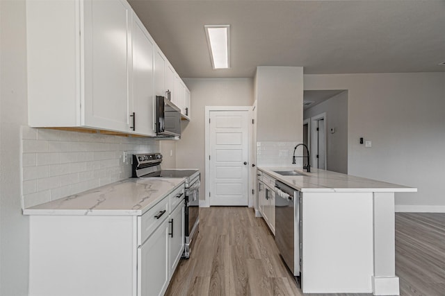 kitchen featuring a sink, white cabinetry, stainless steel appliances, a peninsula, and light wood finished floors