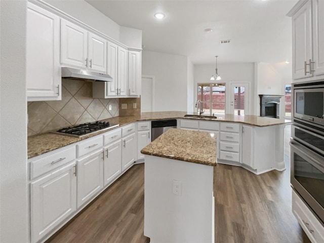 kitchen featuring a kitchen island, a peninsula, a sink, stainless steel appliances, and under cabinet range hood