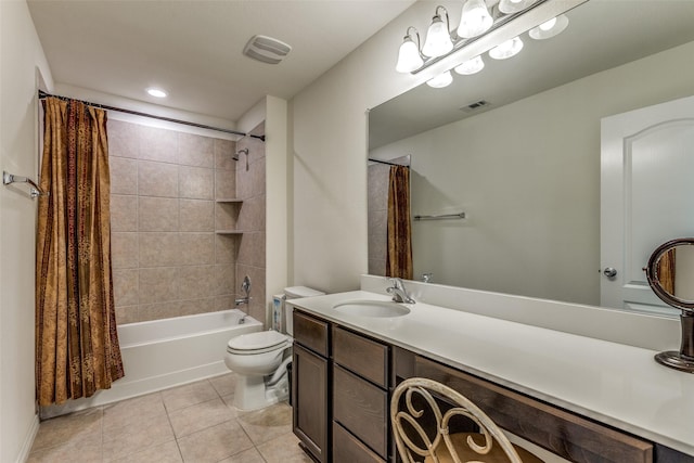 bathroom featuring visible vents, toilet, shower / bath combo, and tile patterned flooring