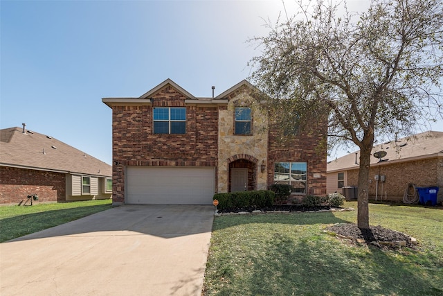 traditional-style home featuring a front yard, driveway, an attached garage, stone siding, and brick siding