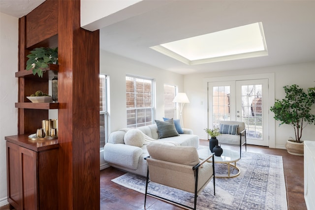 sitting room with a tray ceiling and a skylight