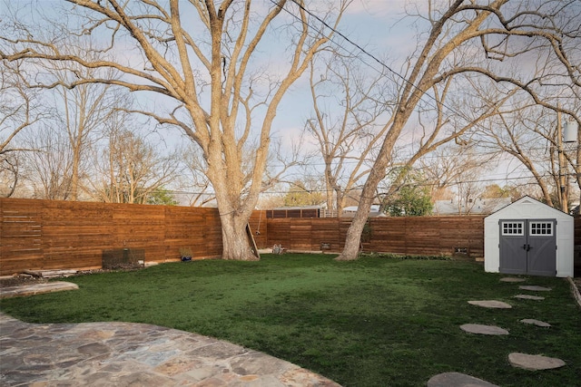 view of yard featuring a fenced backyard, an outdoor structure, a patio, and a storage unit
