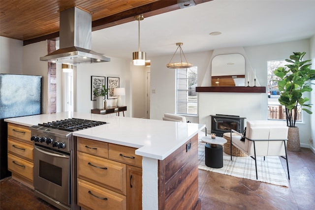kitchen featuring island range hood, light countertops, stainless steel stove, and a healthy amount of sunlight