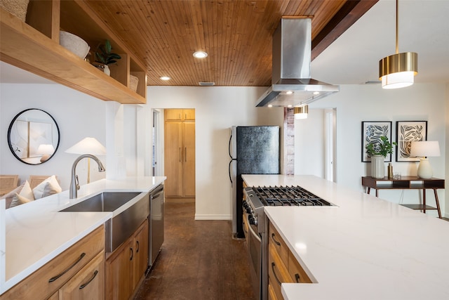 kitchen with wood ceiling, light countertops, appliances with stainless steel finishes, island range hood, and a sink