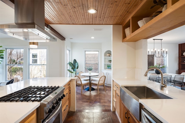 kitchen featuring recessed lighting, stainless steel appliances, light countertops, wooden ceiling, and island range hood