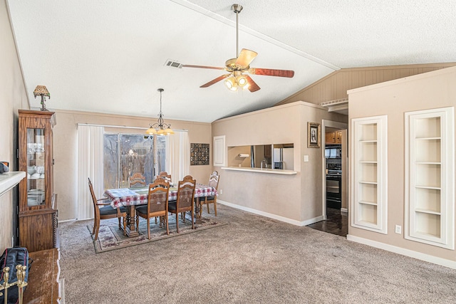 6908 Sunnybank Dr, Fort Worth, TX 76137 - carpeted dining space featuring lofted ceiling, baseboards, built in shelves, a ceiling fan, and a textured ceiling