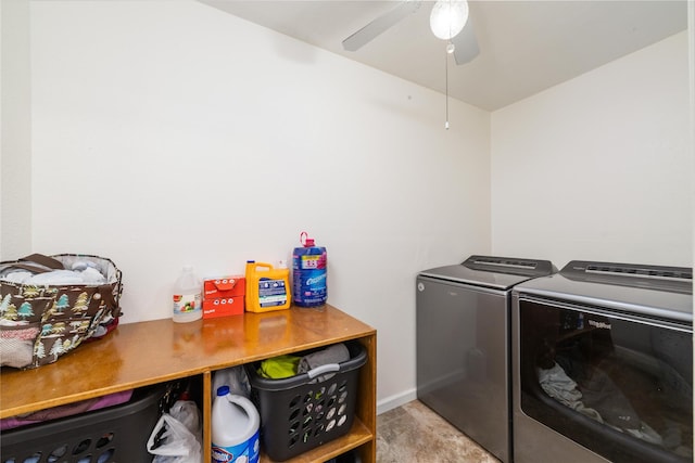 laundry room featuring separate washer and dryer, ceiling fan, and laundry area