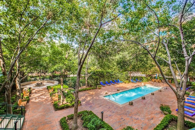 view of swimming pool with a patio and an outdoor fire pit