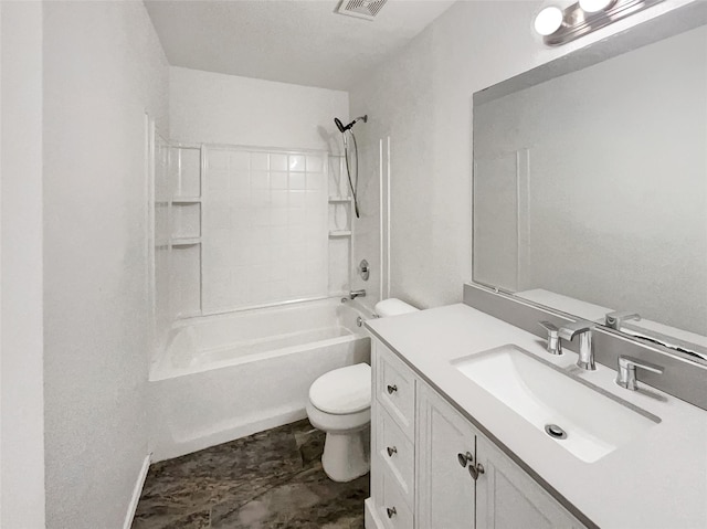 full bath with visible vents, vanity, toilet, and shower / bathing tub combination