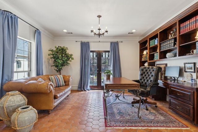 tiled office space featuring french doors, visible vents, a chandelier, and ornamental molding