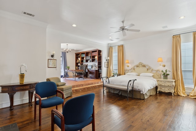 bedroom featuring recessed lighting, visible vents, ornamental molding, and wood finished floors