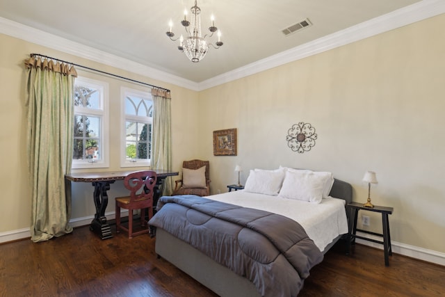 bedroom featuring crown molding, wood finished floors, visible vents, and baseboards