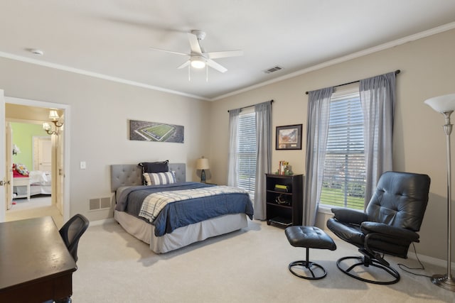 bedroom with crown molding, carpet, visible vents, and baseboards