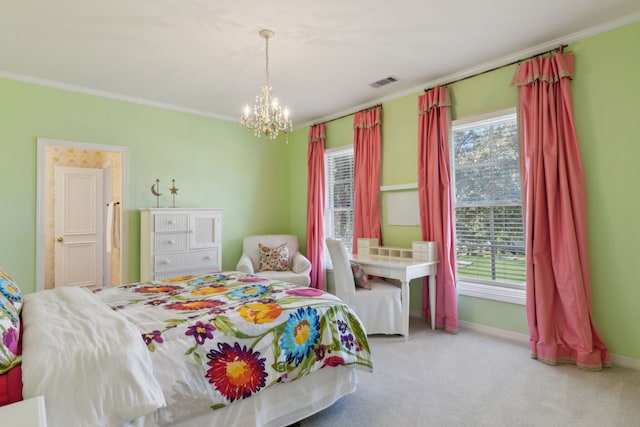 carpeted bedroom with a notable chandelier, visible vents, baseboards, and ornamental molding