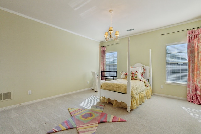 bedroom featuring crown molding, visible vents, and carpet floors