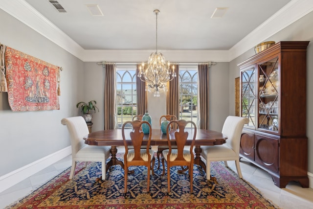 dining area with visible vents, baseboards, ornamental molding, light tile patterned flooring, and a notable chandelier