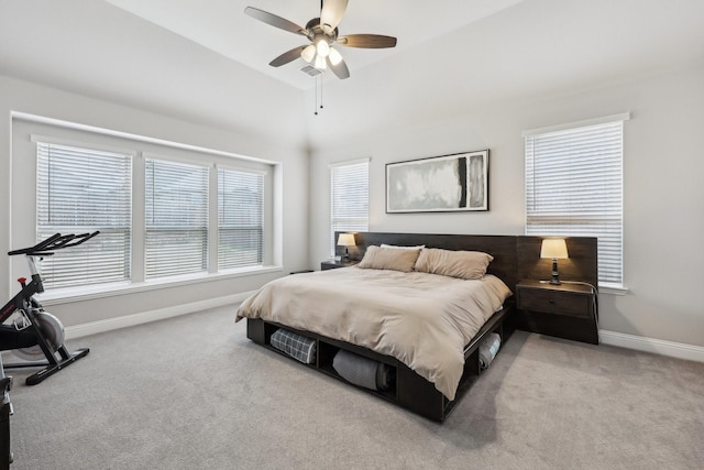 bedroom with baseboards, carpet, and ceiling fan