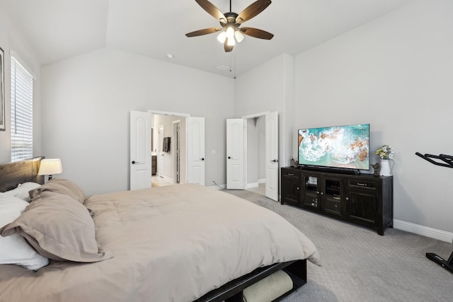 bedroom featuring light colored carpet, high vaulted ceiling, baseboards, and ceiling fan