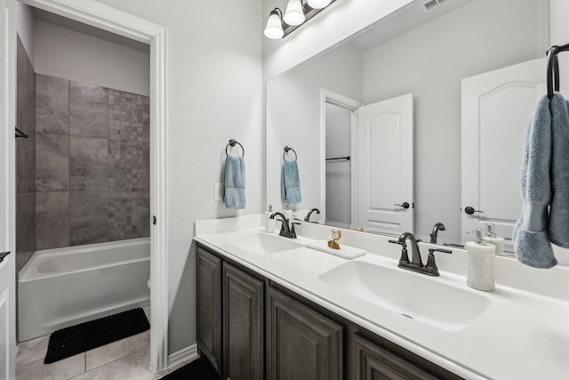 bathroom with tile patterned floors, visible vents, double vanity, and a sink