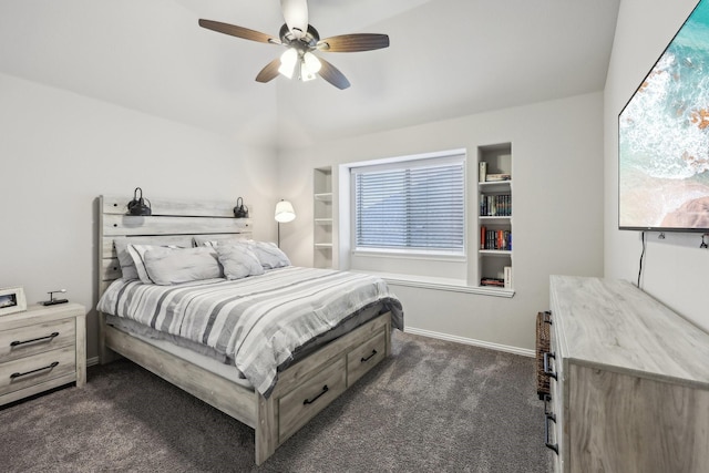 bedroom featuring a ceiling fan, baseboards, and dark carpet