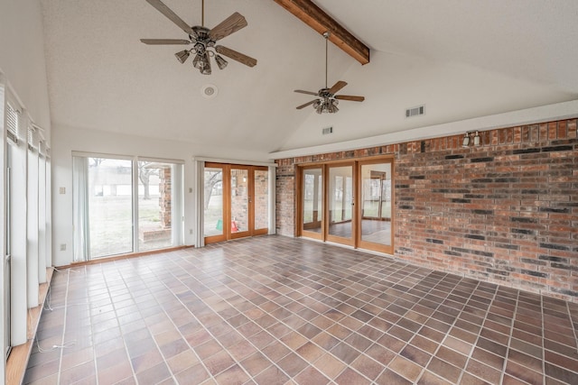 unfurnished sunroom with visible vents, lofted ceiling with beams, and ceiling fan