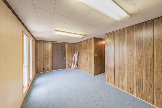 carpeted empty room featuring wood walls