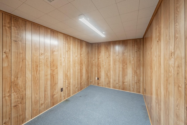 carpeted empty room featuring wooden walls