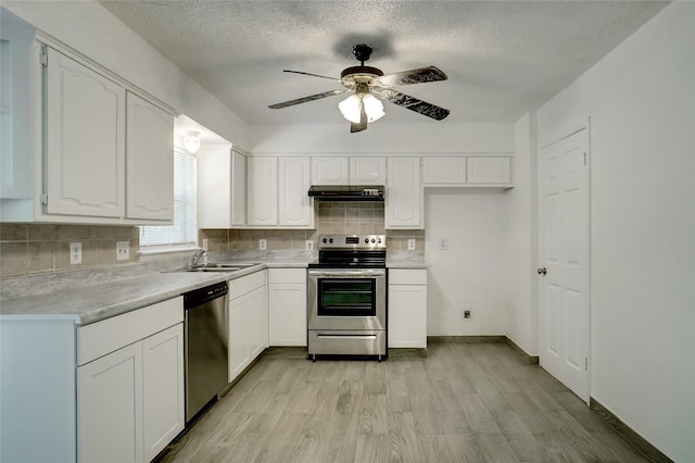 kitchen featuring a sink, white cabinets, exhaust hood, and stainless steel appliances