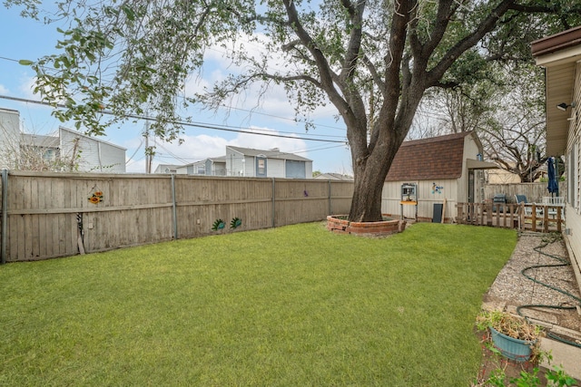 view of yard with an outbuilding and a fenced backyard