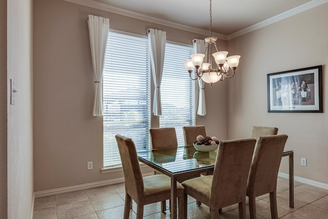 dining space featuring light tile patterned floors, an inviting chandelier, baseboards, and ornamental molding