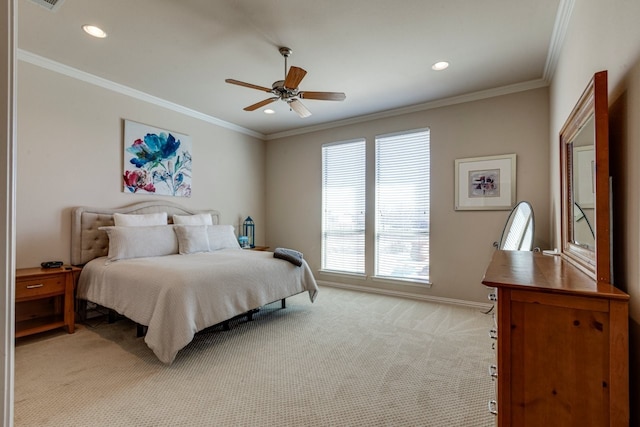 bedroom featuring recessed lighting, baseboards, light colored carpet, and ornamental molding