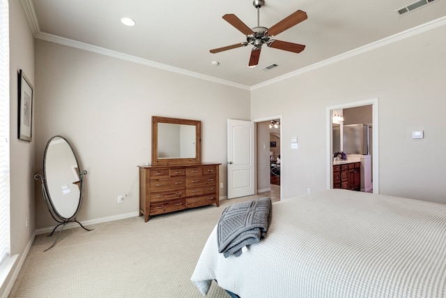 bedroom featuring visible vents, light colored carpet, baseboards, and ornamental molding