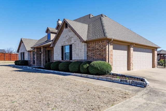 view of side of home with fence, driveway, roof with shingles, stone siding, and brick siding