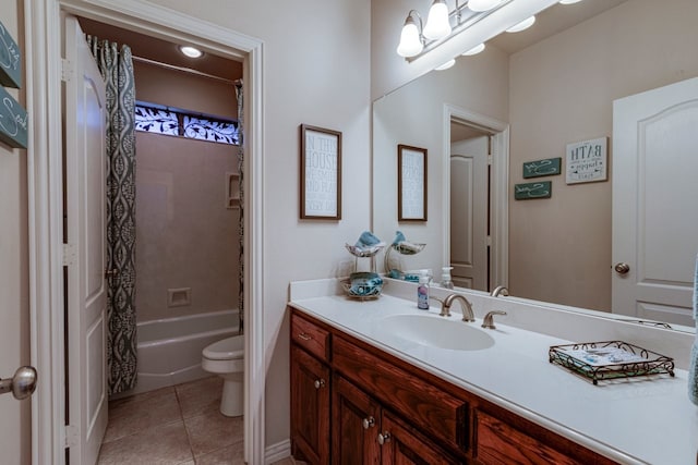 full bath with tile patterned flooring, shower / bathtub combination with curtain, toilet, and vanity