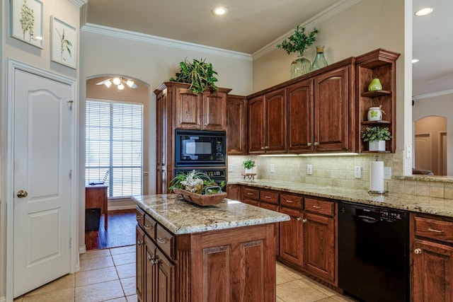 kitchen featuring open shelves, arched walkways, ornamental molding, decorative backsplash, and black appliances