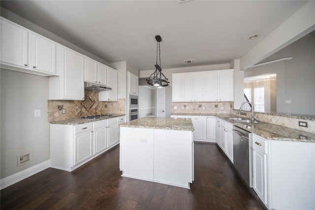 kitchen featuring white cabinets, stainless steel appliances, under cabinet range hood, and a sink