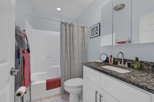 bathroom with shower / bath combo with shower curtain, toilet, marble finish floor, recessed lighting, and vanity